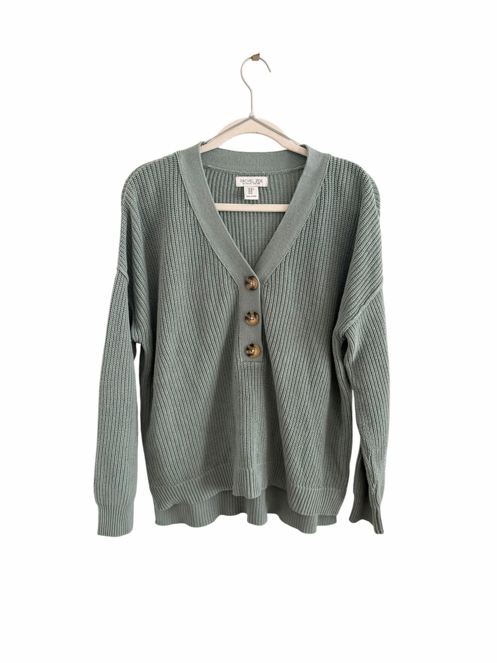 Rachel Zoe Sage Green V-Neck Button Knit Sweater Oversized